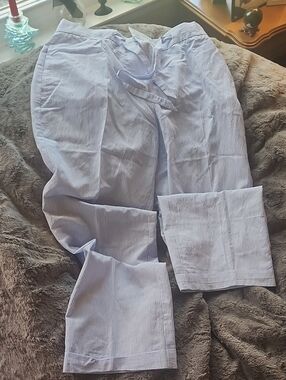 Officine Generale Light Blue and White Pinstripe Trousers